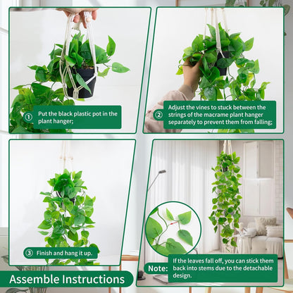 Fake Pothos in Rope - Hanging Pot, Artificial Pothos Plants for Home Decor Indoor Macrame Plant