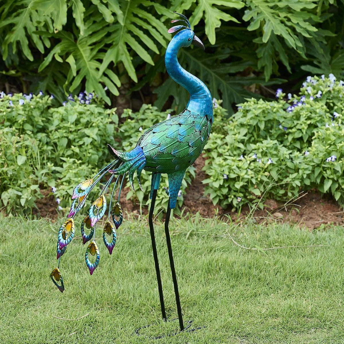 Metal Peacock Statue Yard Decor - Large Iron Peacock 34", Standing Bird Garden Sculptures, Metal