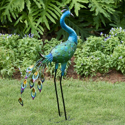 Metal Peacock Statue Yard Decor - Large Iron Peacock 34", Standing Bird Garden Sculptures, Metal