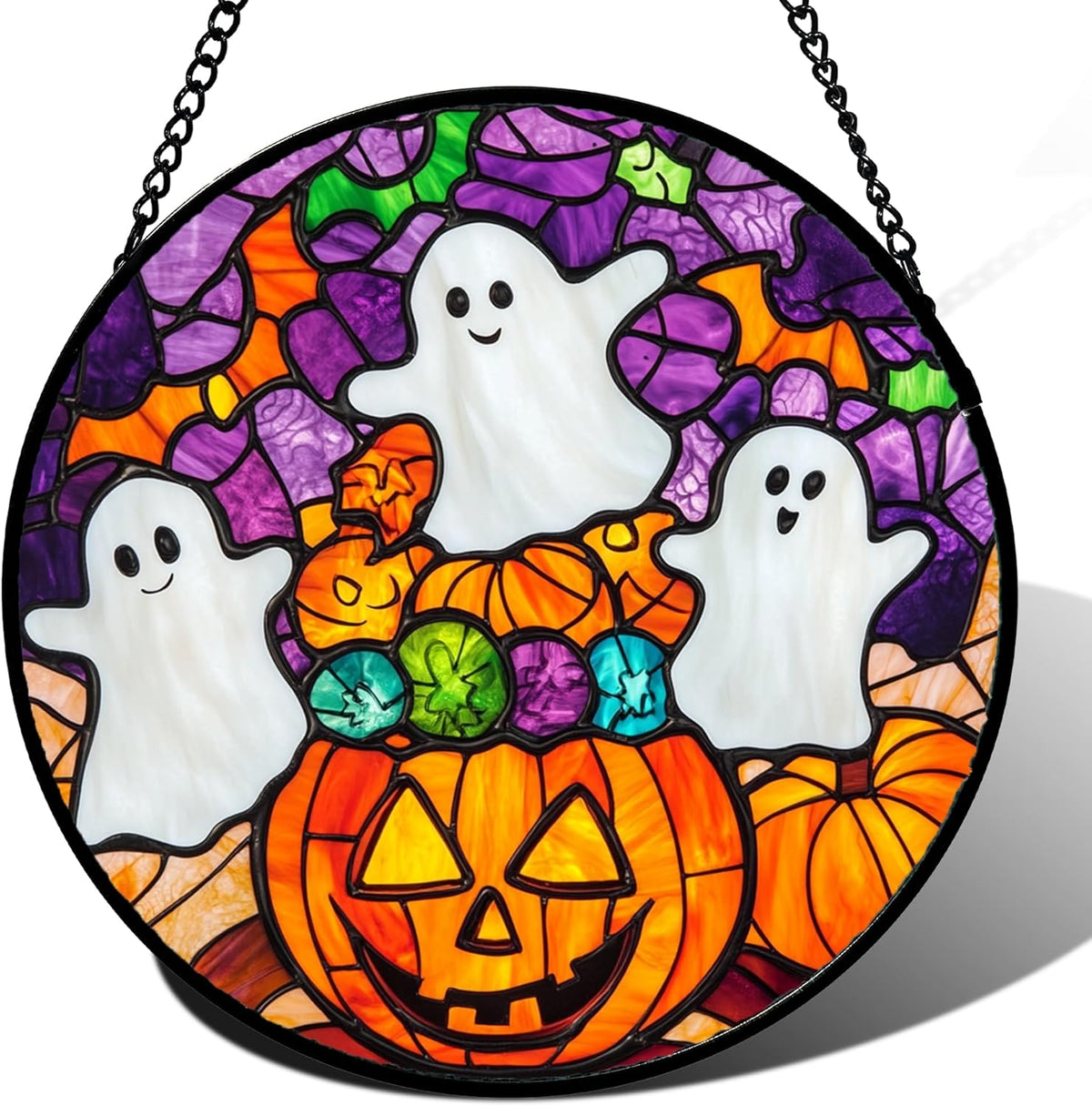 Stained Glass Window Hanging Halloween Horror Pumpkin White Ghost 7.8" - Suncatcher Door Garden