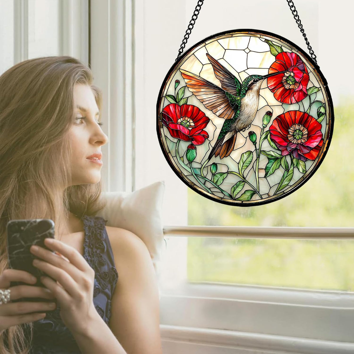 Stained Glass Window Hanging - Green Hummingbird Red Flower Suncatcher for Door Terrace Garden Home
