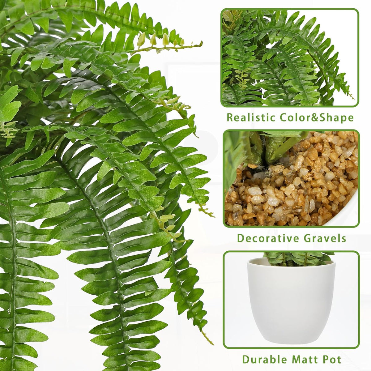 Hollyone Artificial Fern Plants in White Pot 25.5" Medium Artificial Boston Fern 31 Leaves for