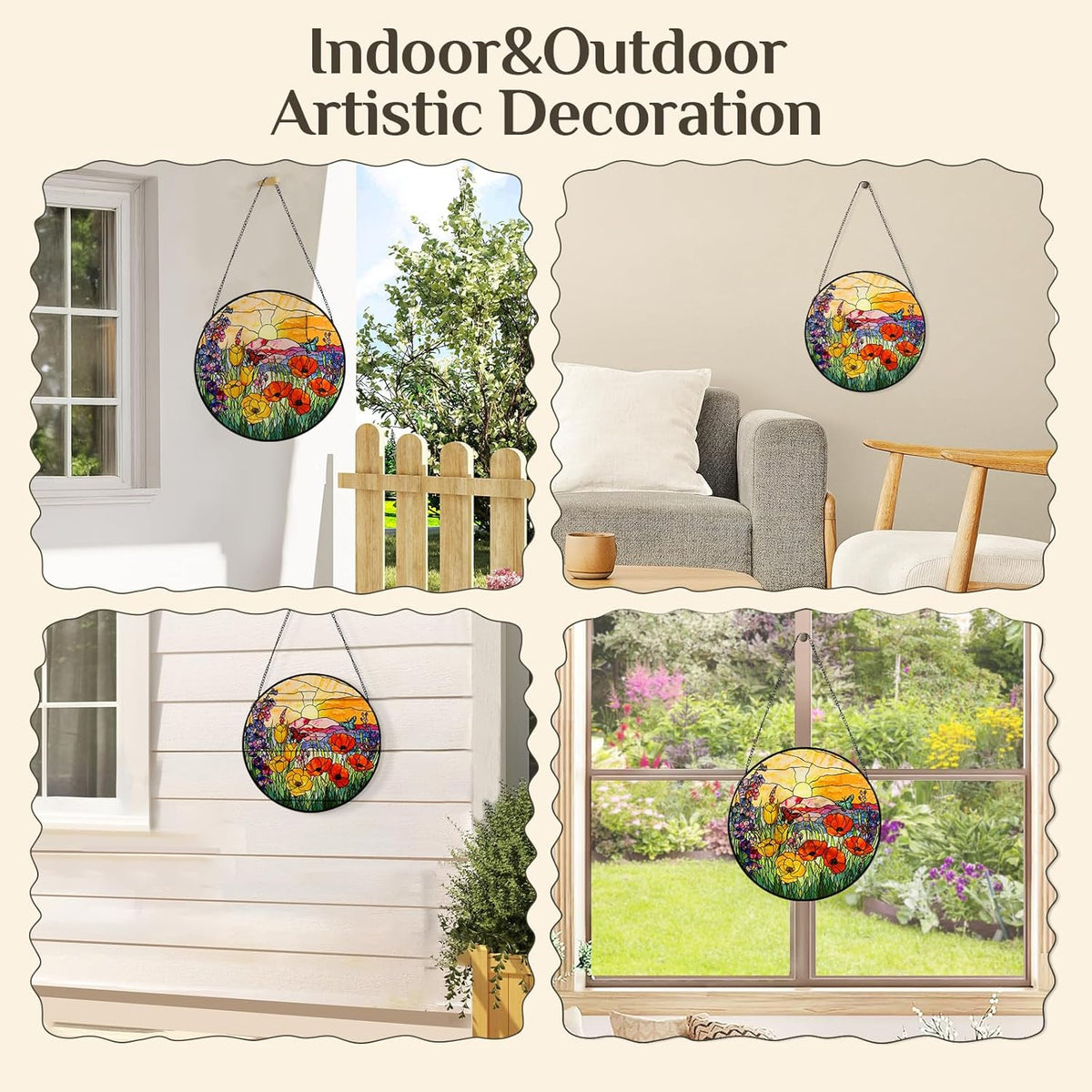 Stained Glass Window Hanging Sunrise Suncatcher, Renyalora 10 Inch Round Wildflower Glass Sun