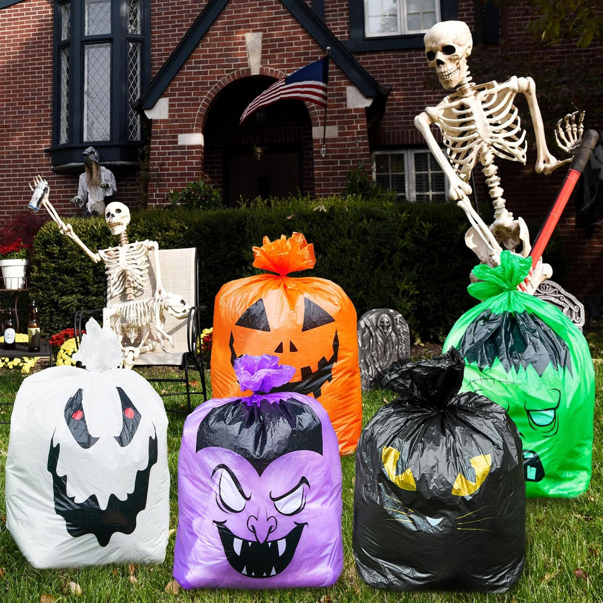 Qilery 6 Pcs Large Halloween Leaf Bags Halloween Reusable Pumpkin Lawn Trash Bags with Twist Ties