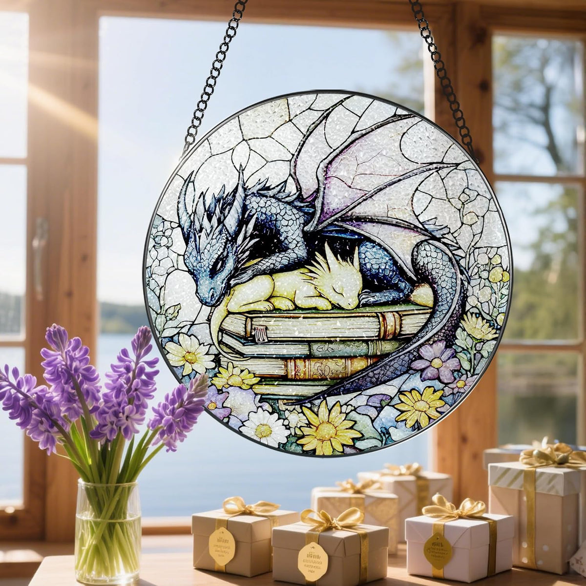 Stained Glass Window Hanging, 8 Inch Dragon Stained Glass Suncatcher, Dragon Decor, Home Decor for
