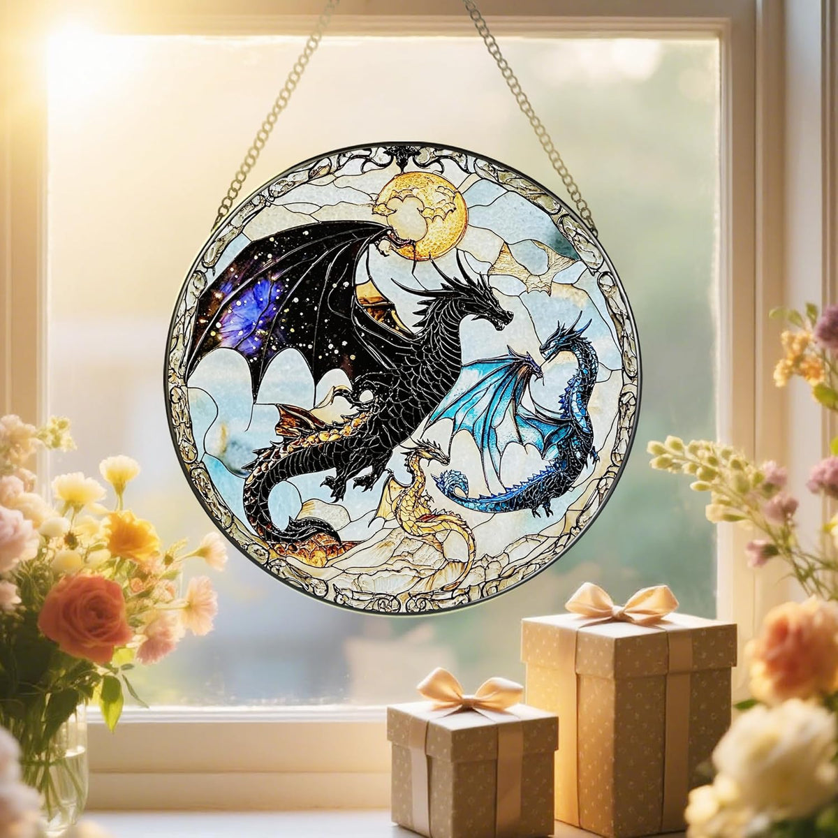 Dragon Stained Glass Window Hanging, 8 Inch Sun Catchers Indoor Window, Suncatchers for Windows