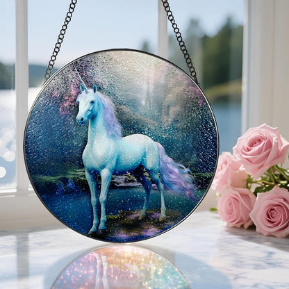 8″ Stained Glass Window Hanging Ornament, Unicorn Stained Glass Suncatcher Ornament, Sun-Catcher