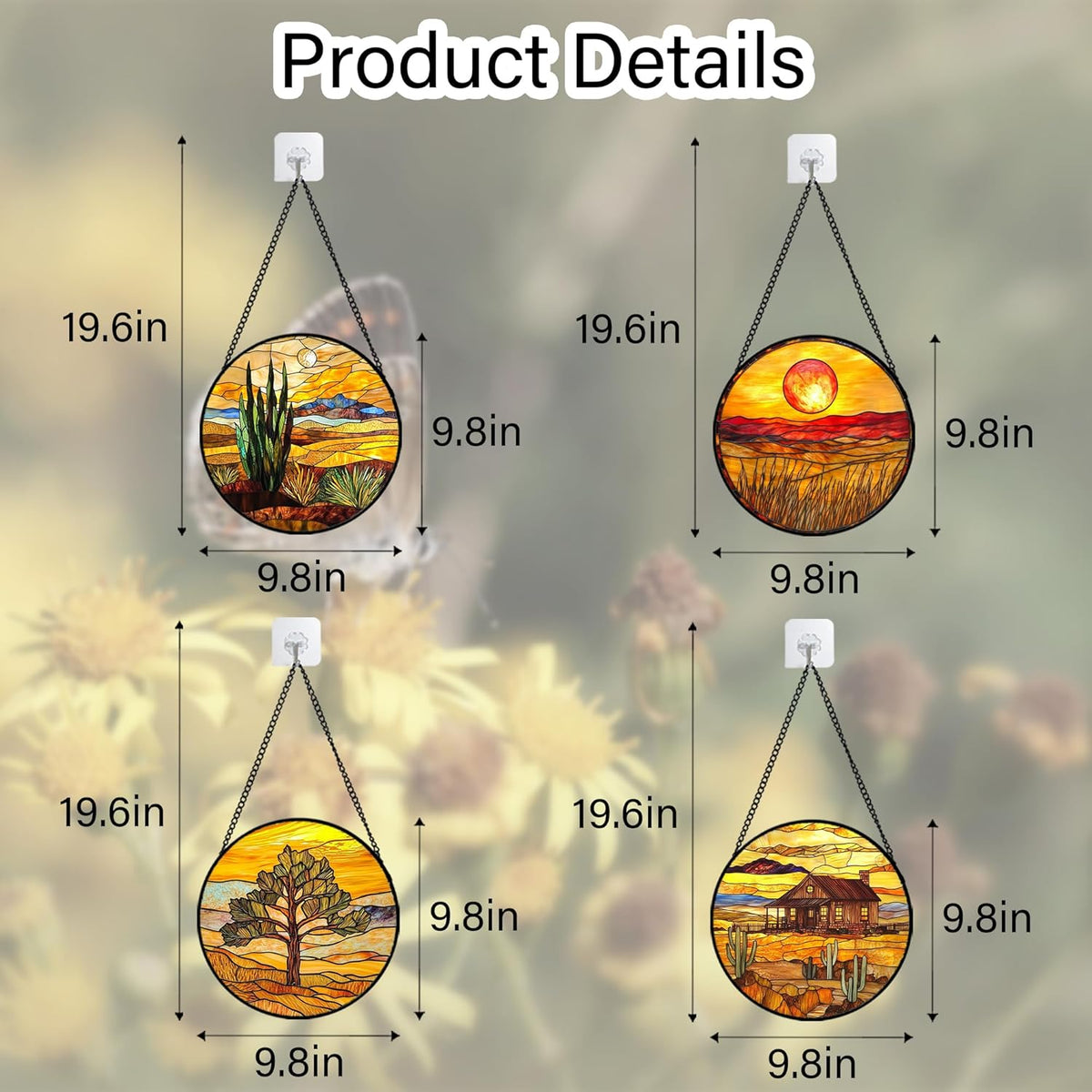 Stained Glass Window Hanging 4 Pcs Set Desert Sunset Theme Landscape 9.8" - Suncatcher Door Garden