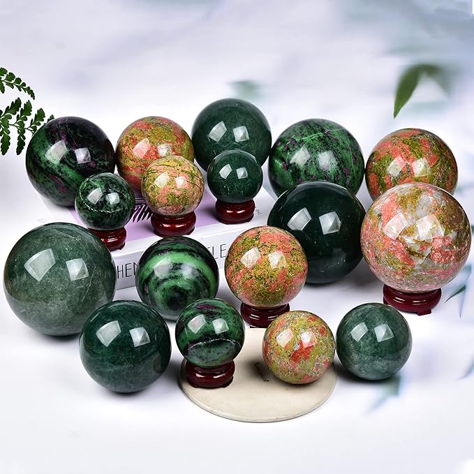 JIC Gem Unakite Stone Crystal Sphere Ball with Decorative Stand Quartz Crystal Ball Healing