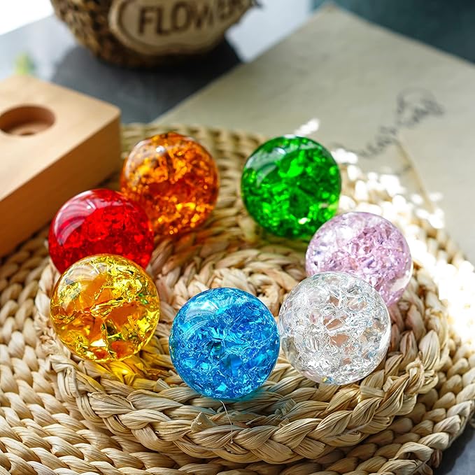 7 Colors 40mm Ice Cracked Balls Crystal Chakra Balls with LED Wooden Base Glass Healing Sphere