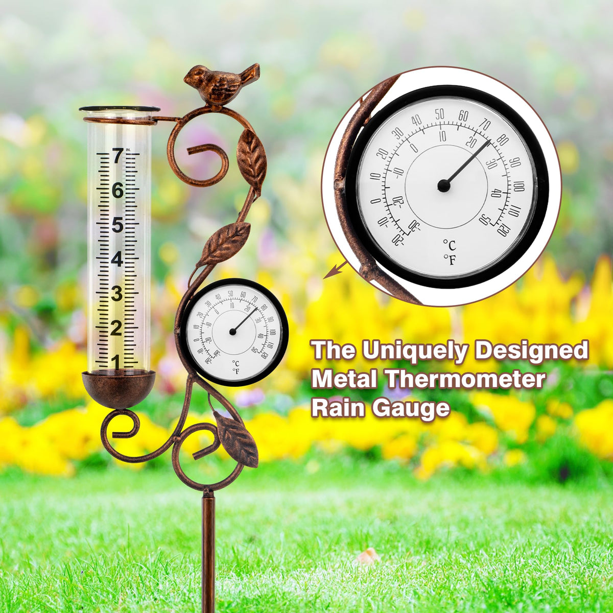 32" Garden Rain Gauge with Thermometer - 7" Glass Tube for Outdoor Indoor Use, Patio Yard Decor