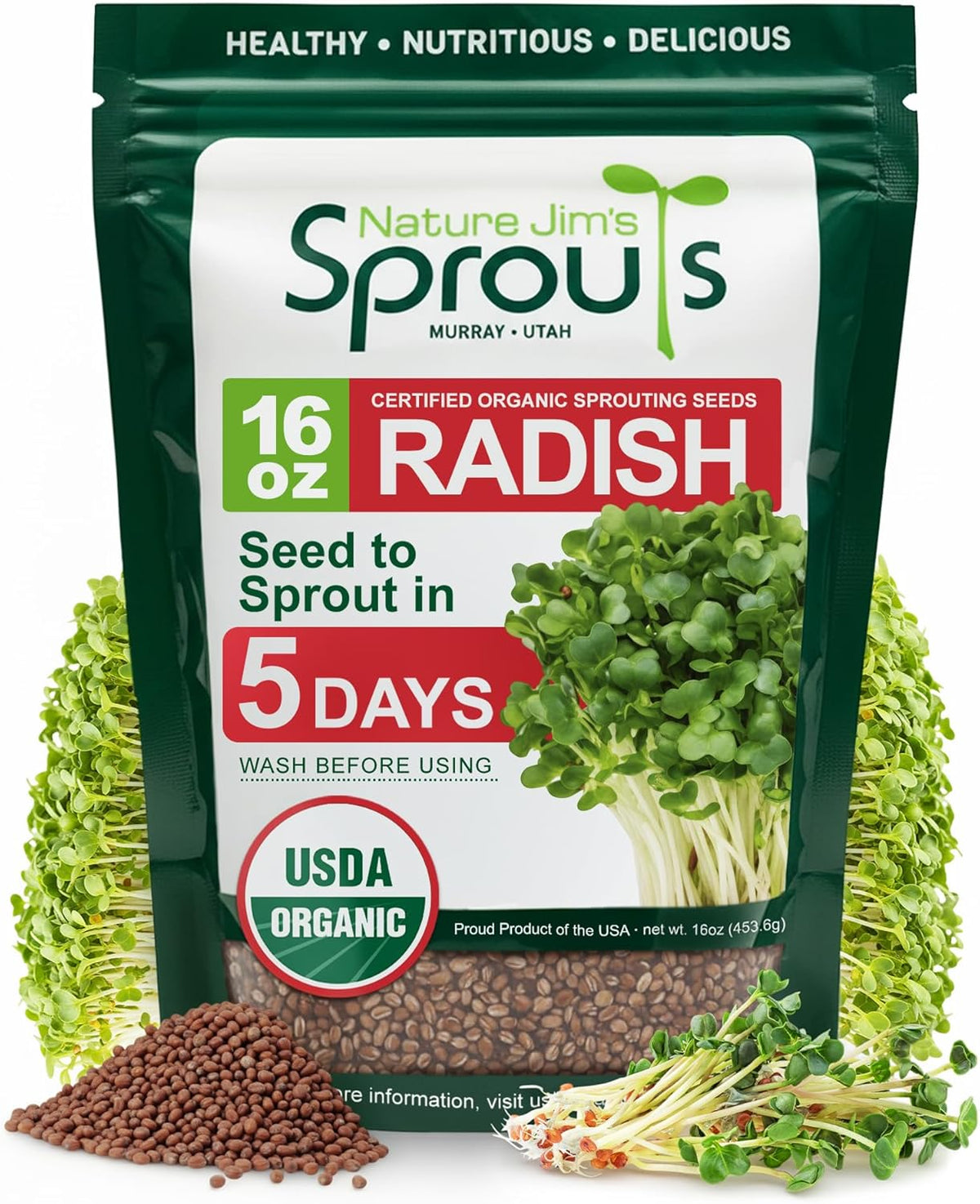 Nature Jims Radish Sprout Seeds – 16 Ounce Organic Sprouting Seeds – Non-GMO Premium Radish
