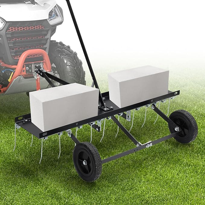 Tow Behind Dethatcher: 40inch Pull Behind Lawn Rake with 20 Spring Steel Tines Heavy Duty Lawn