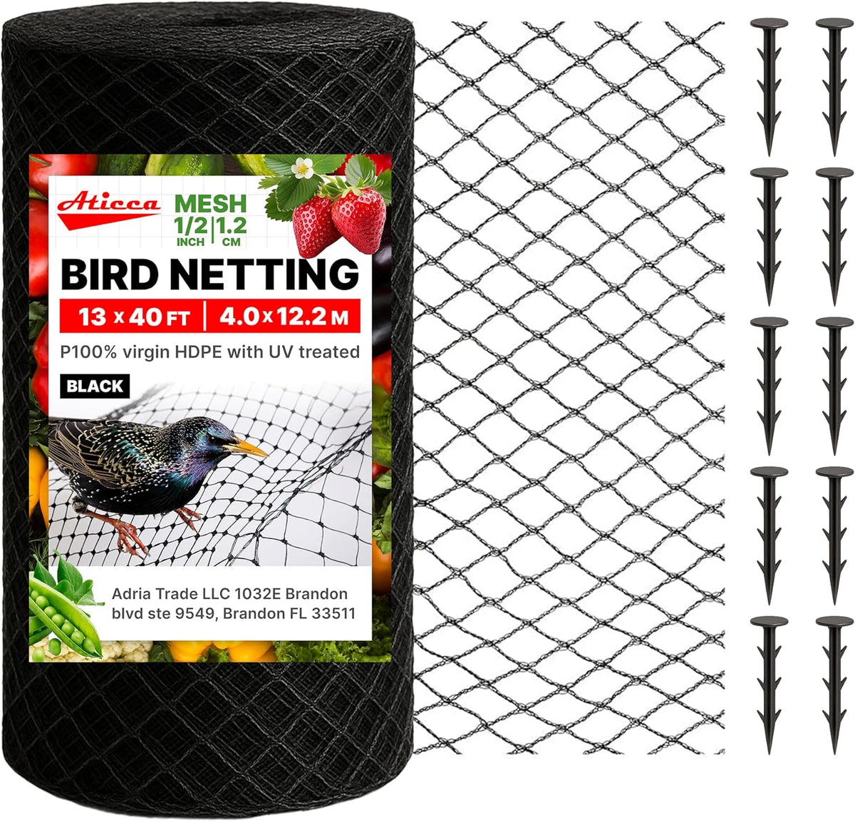 Heavy Duty Bird Netting for Garden Protection & Fruit Trees, 13x40 Ft with 10 Stakes – Black
