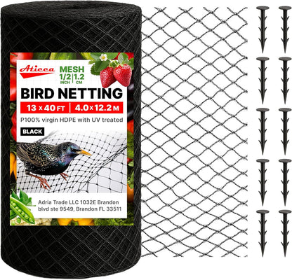 Heavy Duty Bird Netting for Garden Protection & Fruit Trees, 13x40 Ft with 10 Stakes – Black