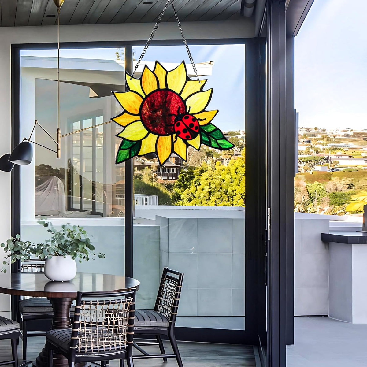 Stained Glass Suncatcher, Sunflower and Ladybug Window Hanging, Hand-Painted (Style 4)