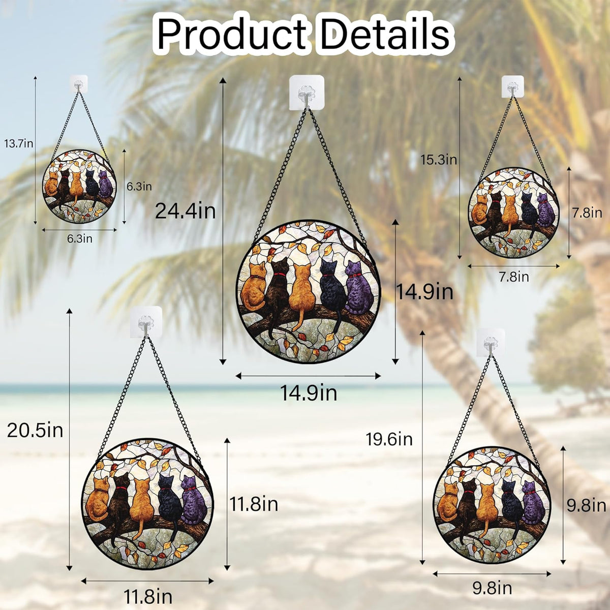 Stained Glass Window Hanging - 5 Cats on a Branch Suncatcher for Window Doors Home Decoration and
