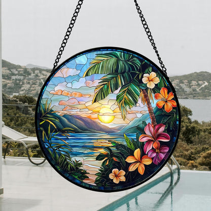 Stained Glass Window Hanging, Colorful Landscape Suncatcher for Doors Home Sun Catchers Decoration
