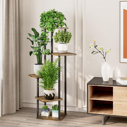 5 Tier Wood Tall Plant Stand Metal Rack Indoor, Multiple Flower Pot Holder Shelves Corner Rack