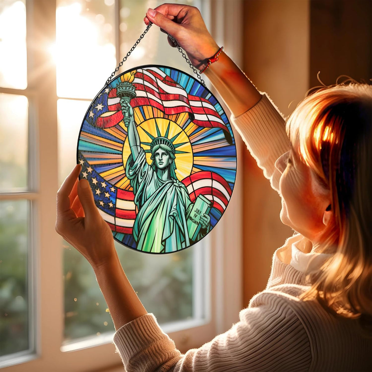 7.8"Patriotic Statue of Liberty Stained Glass Suncatcher, Red White Blue Window Hanging, 4th of