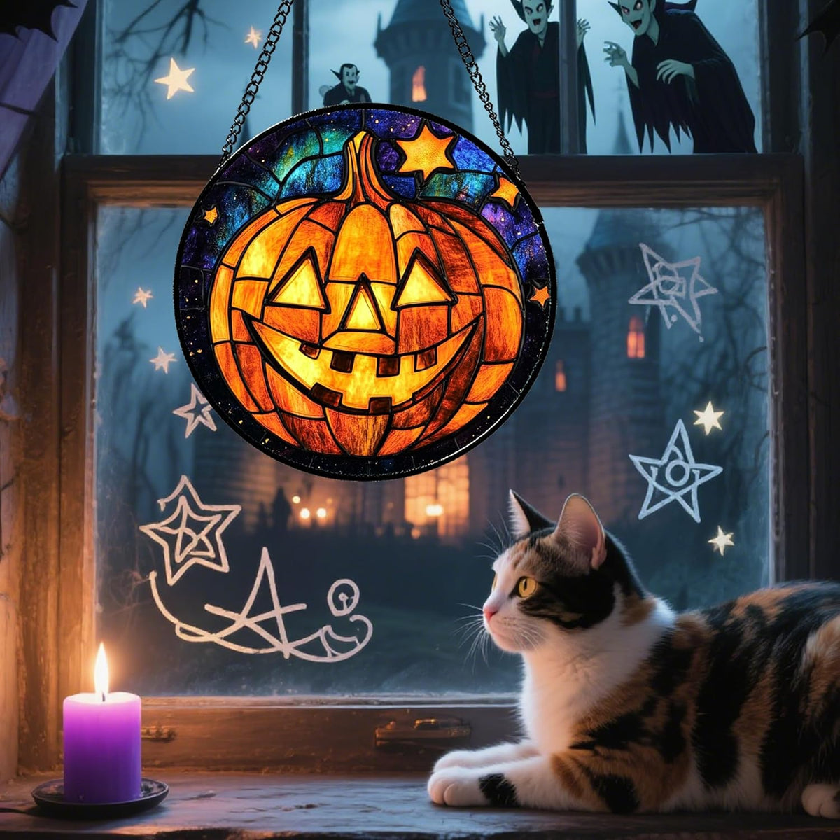 Stained Glass Window Hanging Halloween Horror Golden Pumpkin 11.8" - Suncatcher Door Garden Sunroom
