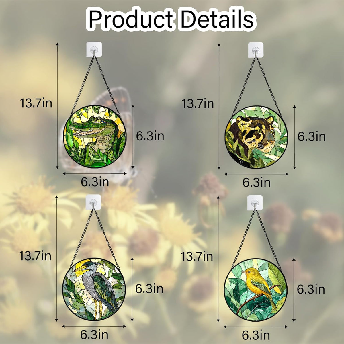 Stained Glass Window Hanging 4 Pcs Set Green Plants Animals Theme 6.3" - Bird Tiger Suncatcher Door
