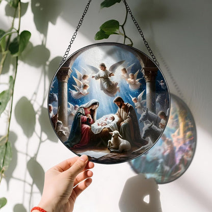 Stained Glass Window Hanging, LAOWEIKI 8'' Nativity Scene Suncatcher, Stained Glass Ornament