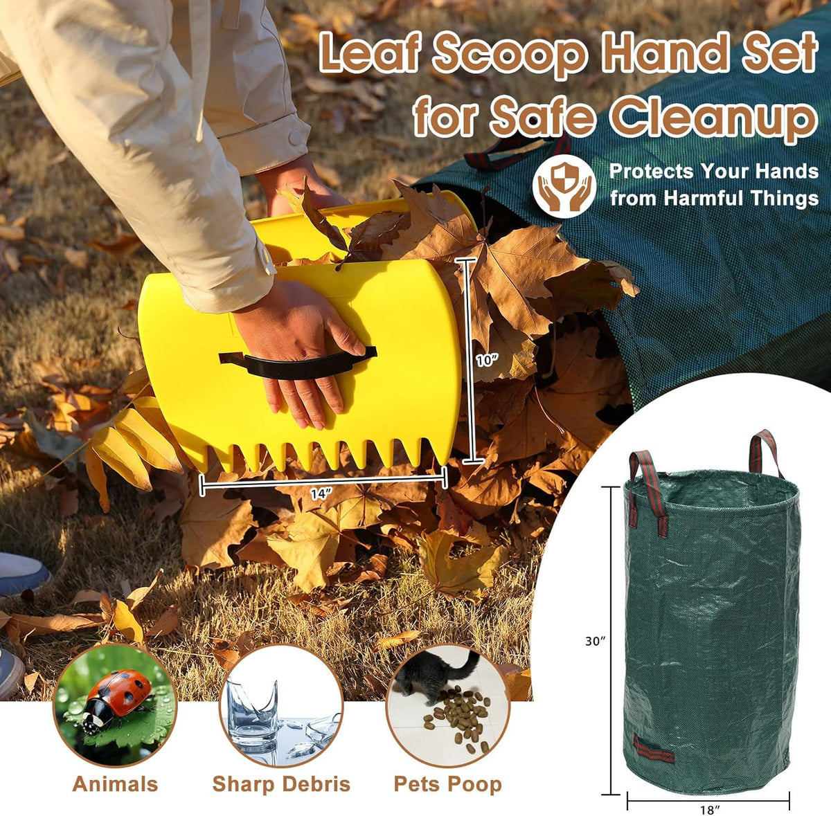 Leaf Rake 18” Wide Heavy Duty Metal 25 Tines Garden Rake Set with 30-75” Adjustable Long Handle for