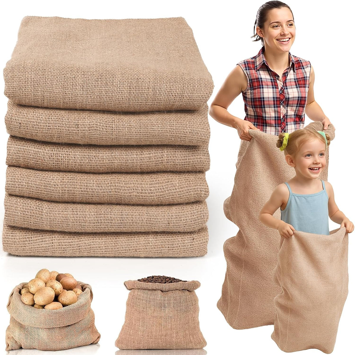 Kmise Premium Tightly Woven Burlap Potato Sack Race Bags (Pack of 6)，48"x25" Natural Jute Burlap
