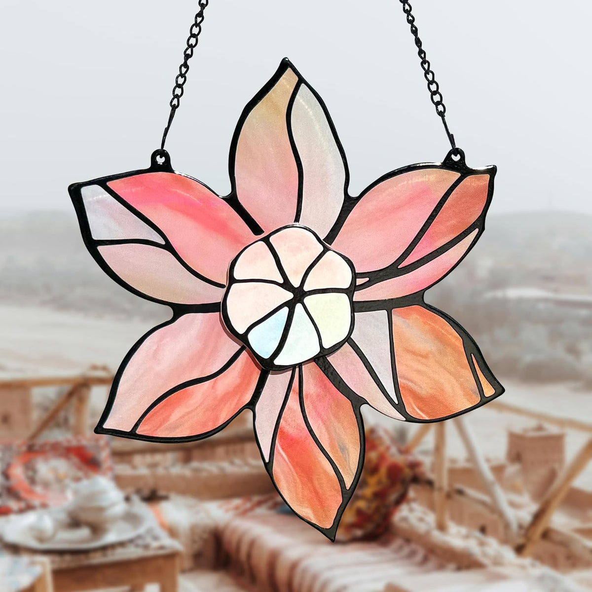 Stained Glass Window Hanging - Pink Flowers Suncatchers for Windows Hanging Floral Sun Catcher for