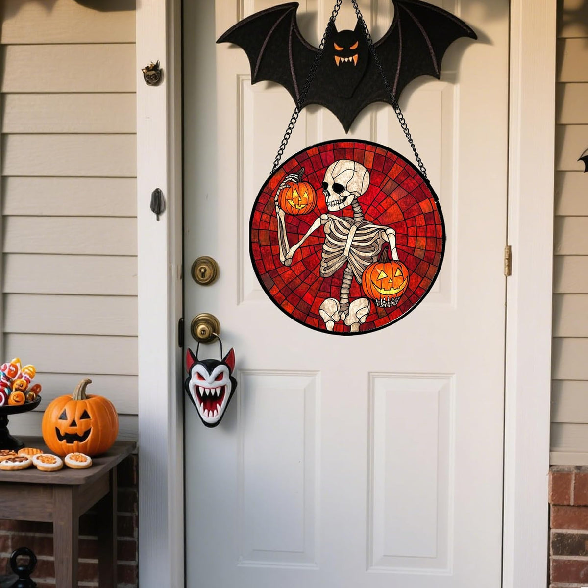 Stained Glass Window Hanging - Halloween Decorations Skeleton Pumpkin Suncatcher for Doors Garden
