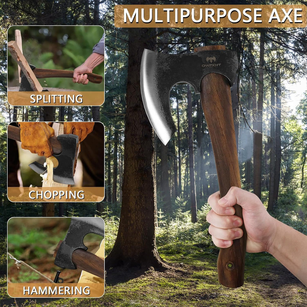 14.6" Hatchet, Camping Hatchet with Leather Sheath, Bushcraft Axe with 1065 Carbon Steel & Beech