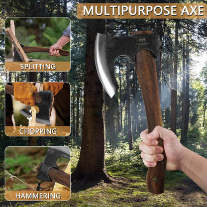 14.6" Hatchet, Camping Hatchet with Leather Sheath, Bushcraft Axe with 1065 Carbon Steel & Beech