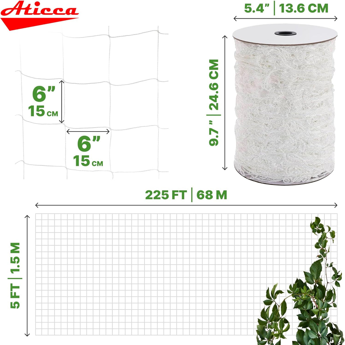 Trellis Netting 5 x 225 ft Heavy Duty Polyester Plant Support Netting White - 6 Inch Garden Rope