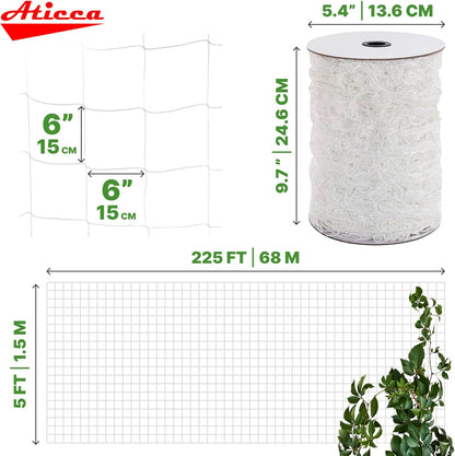 Trellis Netting 5 x 225 ft Heavy Duty Polyester Plant Support Netting White - 6 Inch Garden Rope