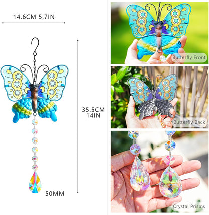 Set 2 Metal Butterfly Suncatchers for Windows - 14" Outdoor Fence Wall Art Decor, Rainbow Prisms