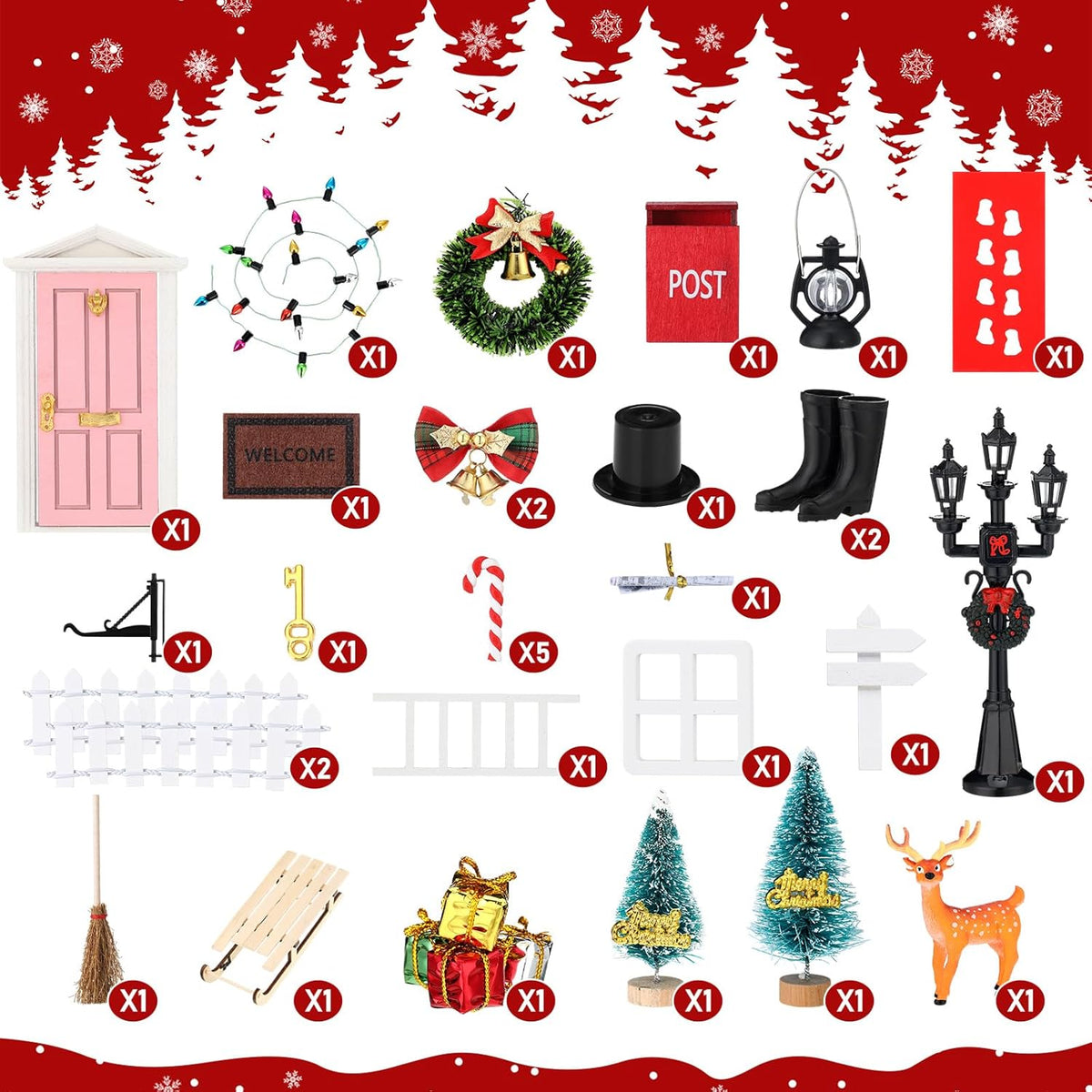 Shappy 39 Pcs Christmas Fairy Door Kit Wooden Elf Fairy Doors Decorations with Accessories Mini