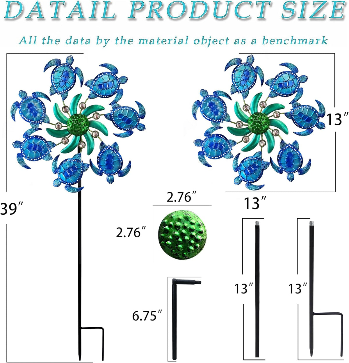39" Sea Turtle Wind Spinners Metal Garden Stake-Outdoor Ocean Theme Wind Spinners - Metal Stake