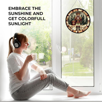 Christmas Wooden Nutcracker Stained Glass Suncatcher Window Hangings, Stained Glass Panel Sun