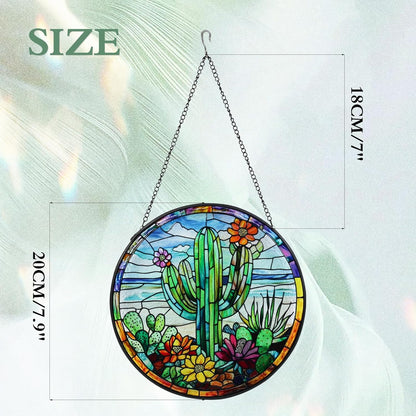 Cactus Handmade Stained Glass Window Hanging Suncatcher with Chain - 7.9" Outdoor/Indoor Art Decor