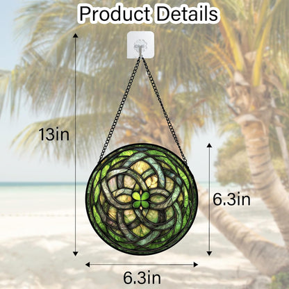 Stained Glass Window Hanging, Abstract Green Clover Sun Catchers Colorful Glass Panel Bless