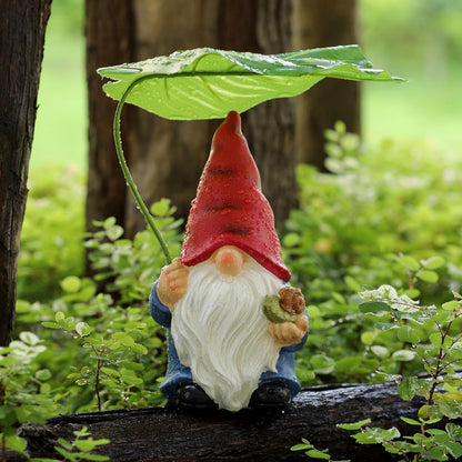 Garden Gnome Statue Decoration with Leaf Umbrella, 7.5” Figurine Ornament for Indoor Outdoor Home