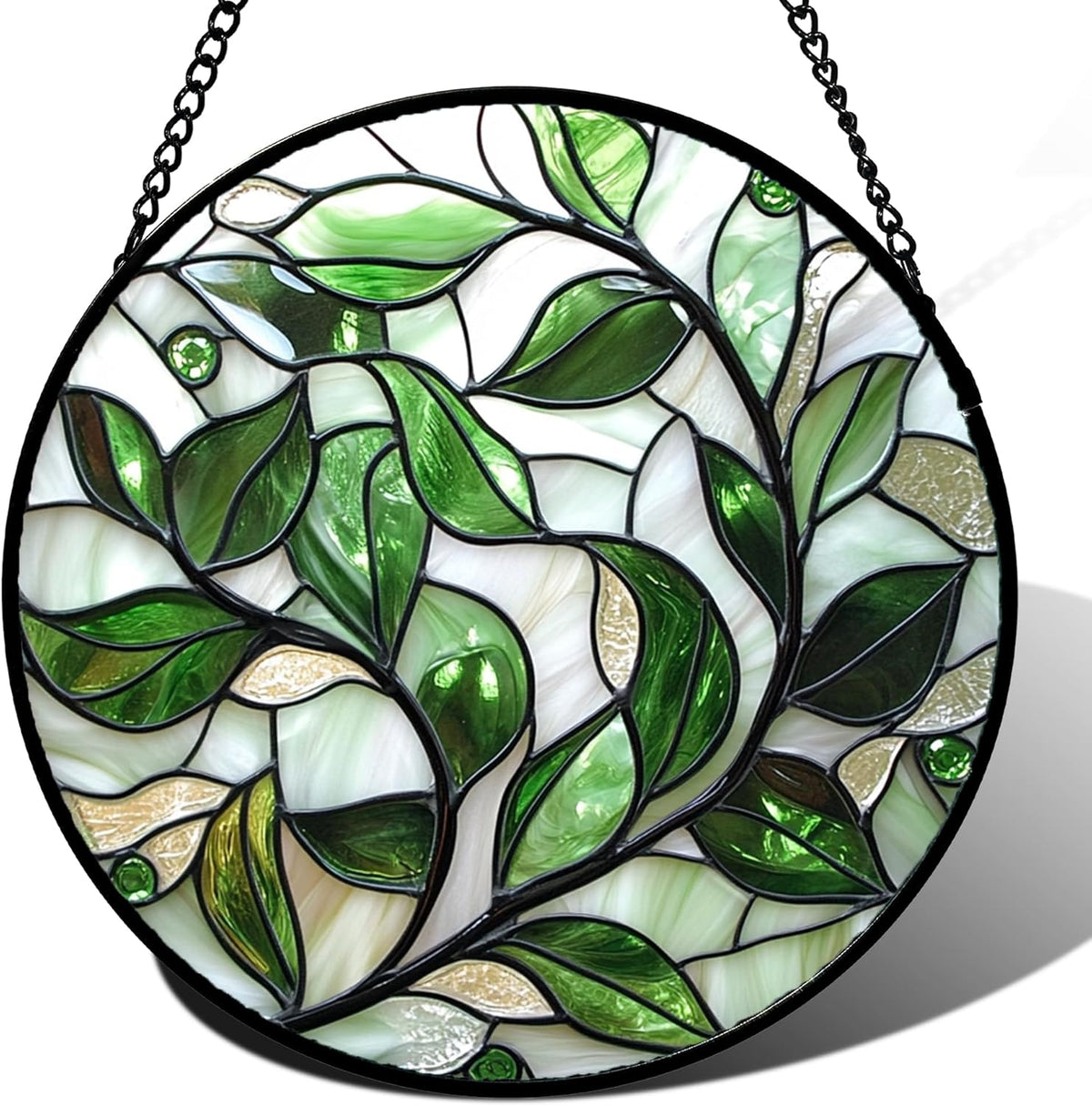 Stained Glass Window Hanging - White Green Leaves Suncatcher for Doors Window Home Plant Sun