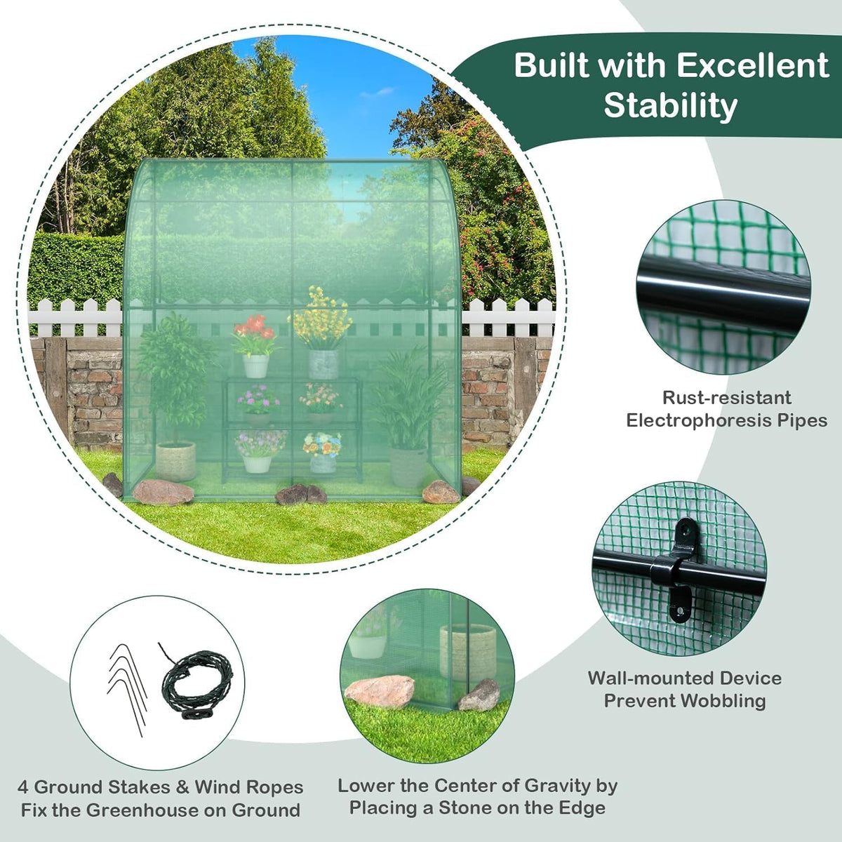 Happygrill Walk-in Greenhouse with 3-Tier Flower Rack, Weatherproof PE Cover & Roll-up Zipper