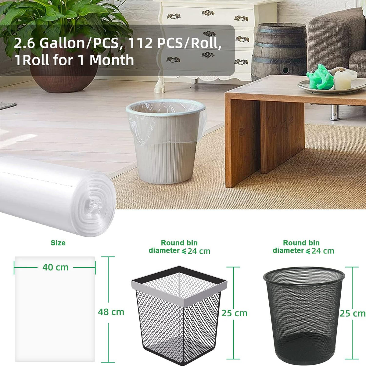 Small Trash Bags 2.6 Gallon, 110 Counts, 40 * 48cm, 3g/pcs, Unsented, Clear