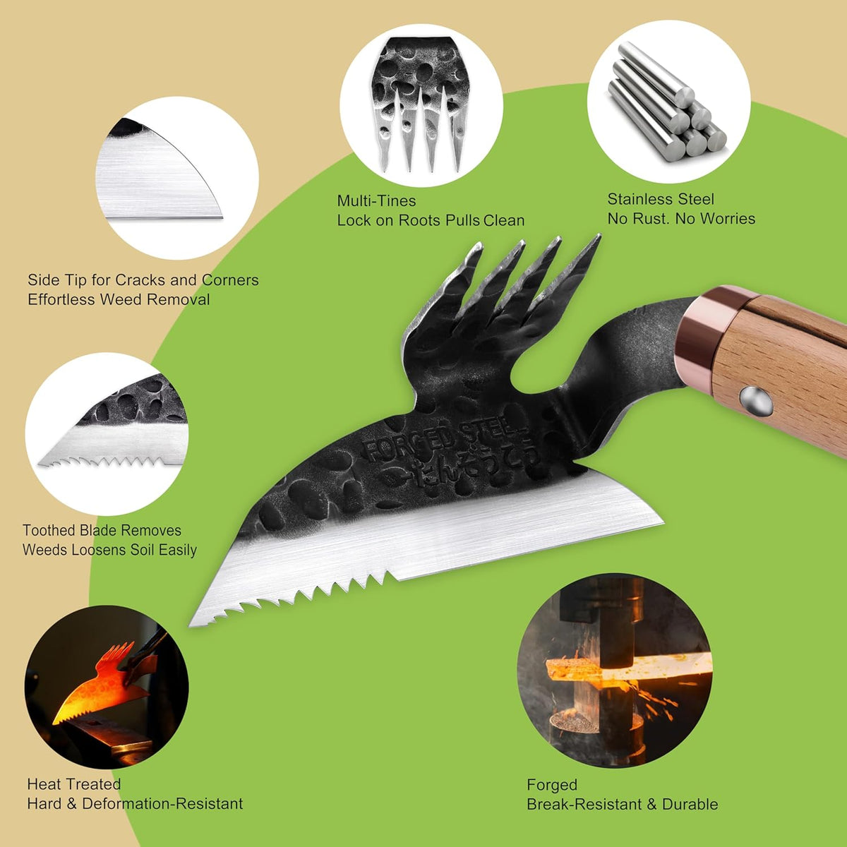 AON All-Purpose Japanese Weeding Sickle & Razor Hand Hoe, Forged Steel Weed Puller Tool with Sharp