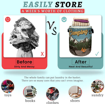 Retro Camping Mountain Bear Laundry Basket Foldable With Handles Tote Bag Oxford Cloth Funny