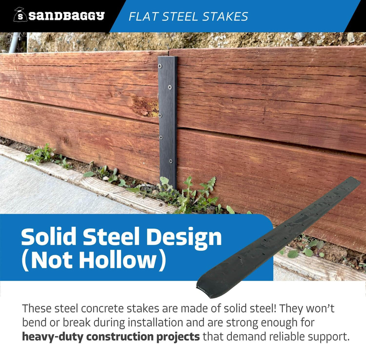 Sandbaggy Flat Steel Stakes for Concrete Forms with Nail Holes - 1.5" Wide - Painted - Removable