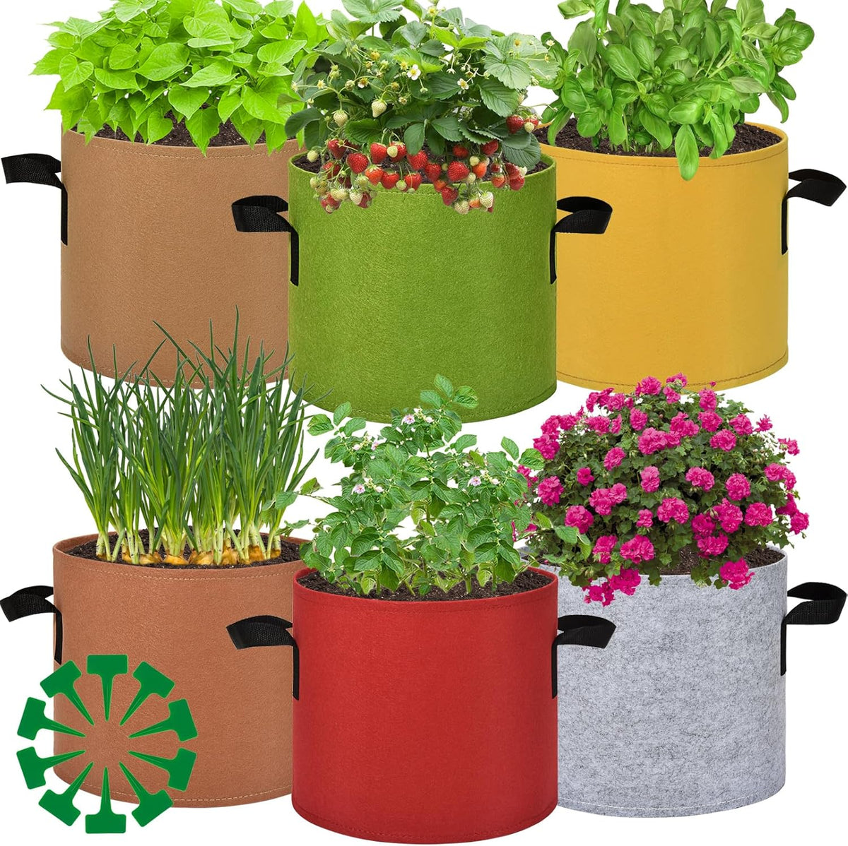 15 Gallon Grow Gags, 6 Pack Multicolor Fabric Plant Pot Bags with Long Handles for Garden