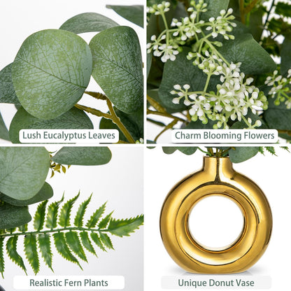 Artificial Eucalyptus Stems in Ceramic Vase 14.23" Fake Eucalyptus Plant Decor Gold Donut Vase with